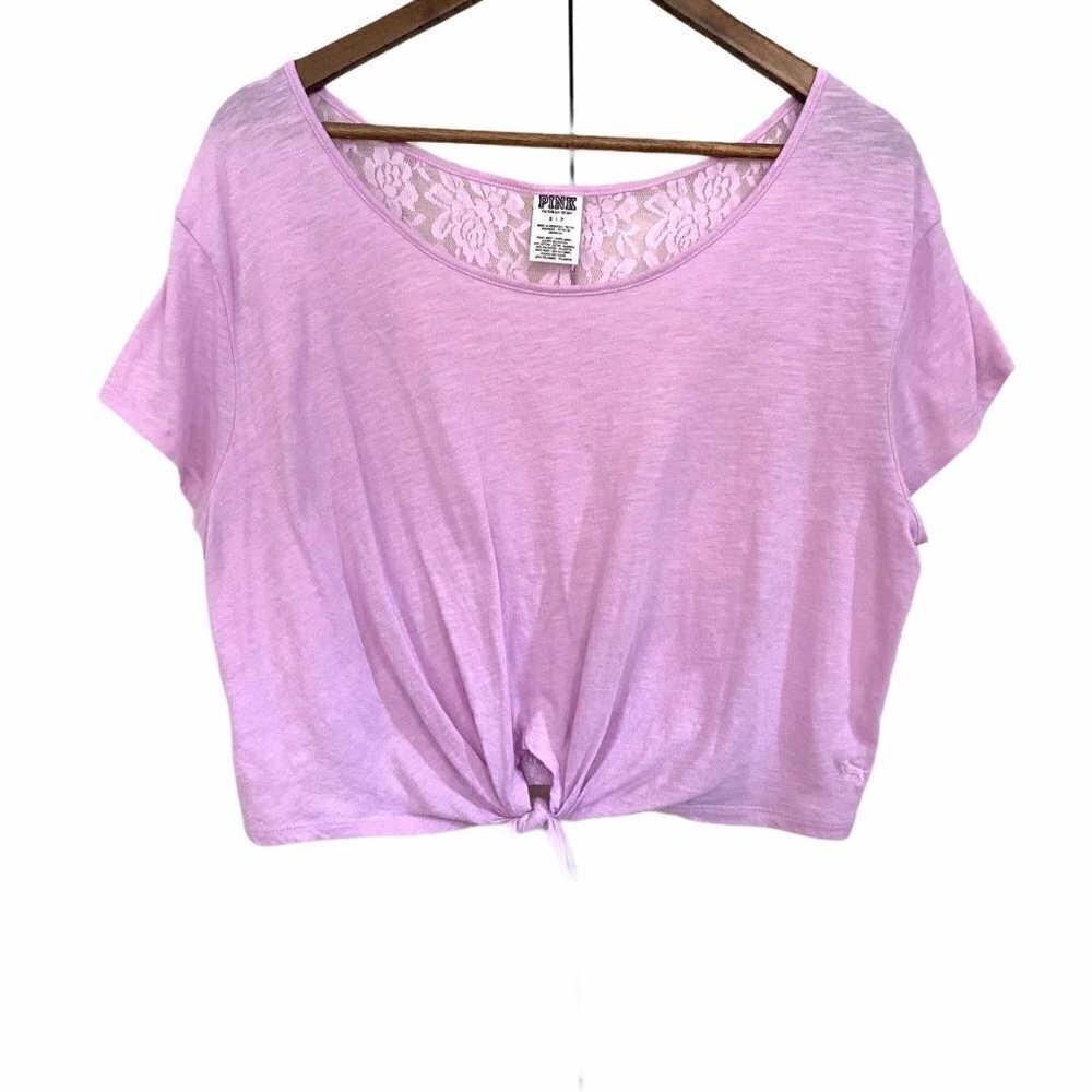 Victorias Secret Pink Lace Back Tie Front Shortsleeve Lavender Crop Top Sz Small